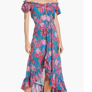 Tiare Hawaii Off The Shoulder Maxi Dress Floral Blue and Pink OS EUC
